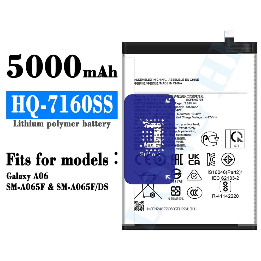 Batterie de remplacement pour Samsung Galaxy A06 (SM-A065F / SM-A065D), HQ-7160SS Batterie de remplacement pour Samsung Galaxy A06 (SM-A065F / SM-A065D), HQ-7160SS